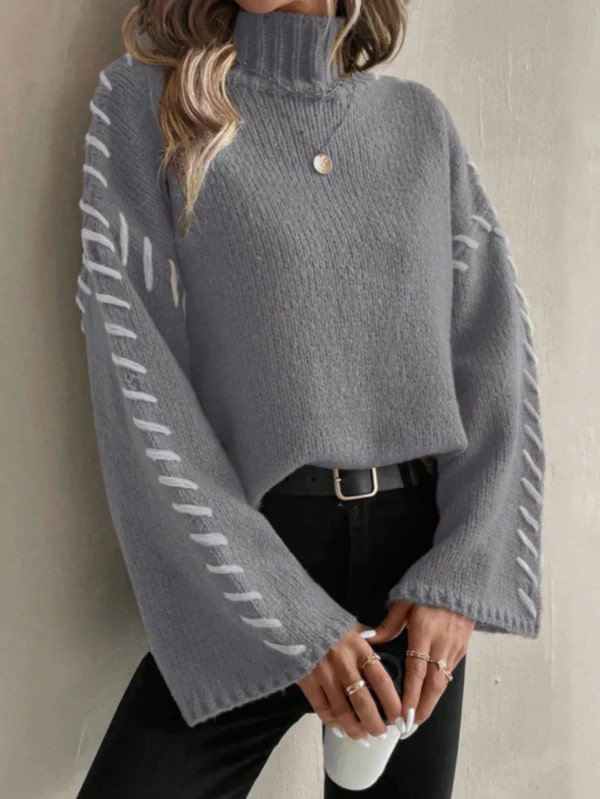 Levoire | Chic Décontracté Pull En Patchwork Tricoté Avec Col Roulé Gris
