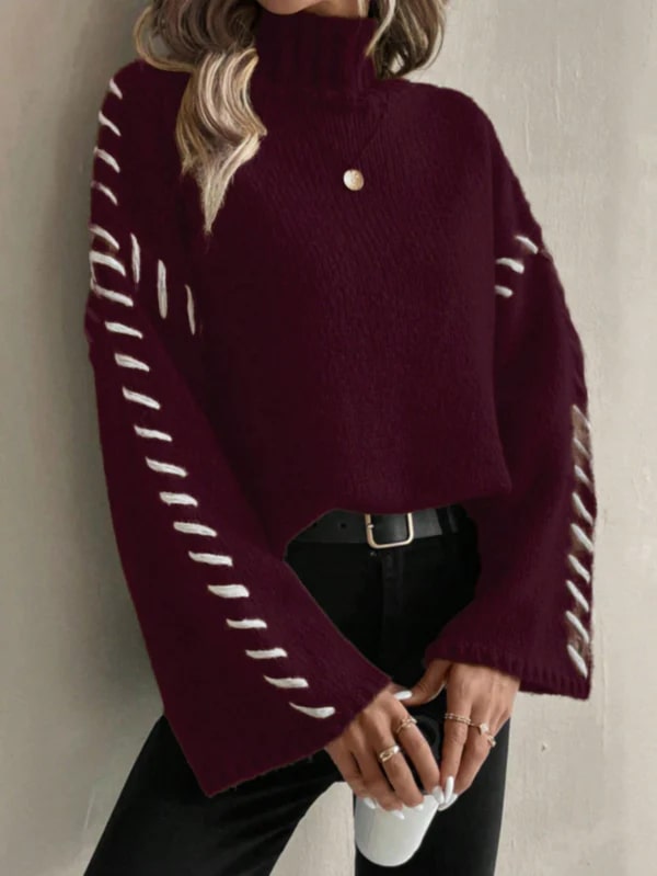 Levoire | Chic Décontracté Pull En Patchwork Tricoté Avec Col Roulé Bordeaux