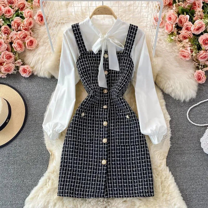Levoire | Robe épaule élégante pour femmes Completo Rétro à carreaux noirs