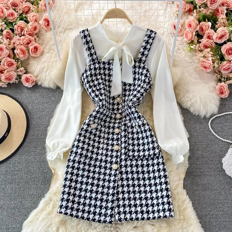 Levoire | Robe épaule élégante pour femmes Completo Noir et blanc à carreaux
