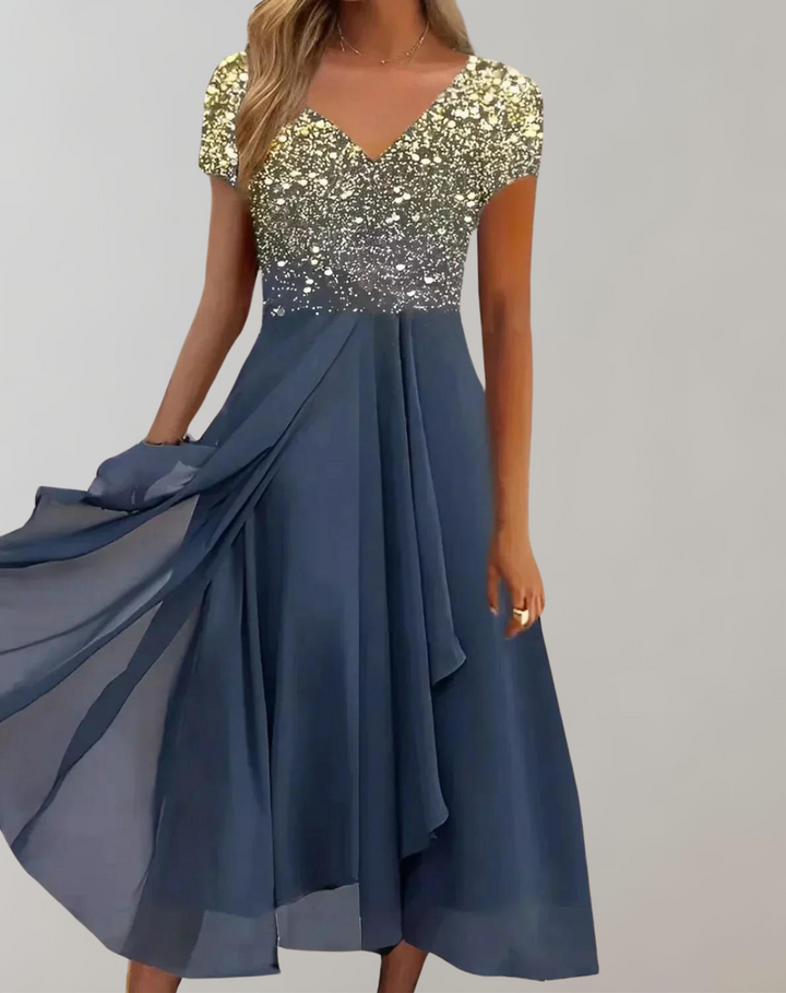 Levoire - Robe avec des fleurs éclatantes | Robe de soirée pour femmes | Robe scintillante Or Bleu