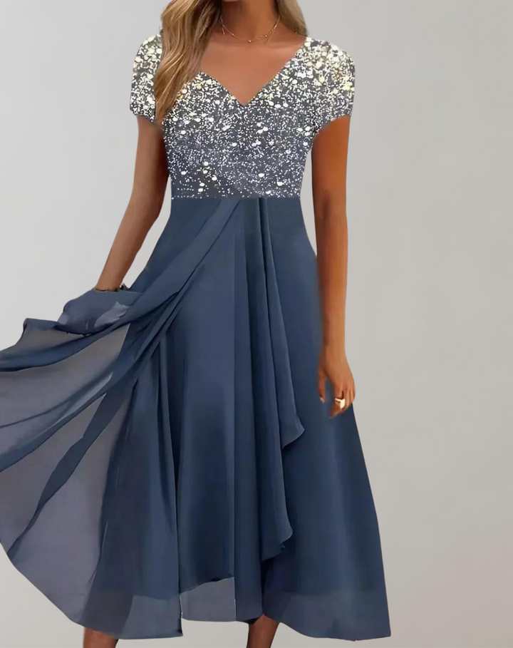 Levoire - Robe avec des fleurs éclatantes | Robe de soirée pour femmes | Robe scintillante Argent Bleu