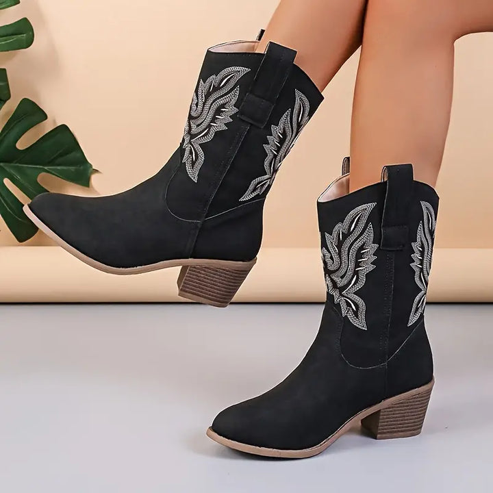 Levoire | Bottes De Cowgirl À Talon Carré Mi-Mollet Pour Femmes Noir