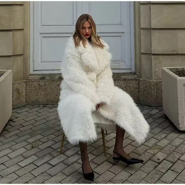 Levoire | Manteau Élégant Pour Femmes Long En Fausse Fourrure Blanche