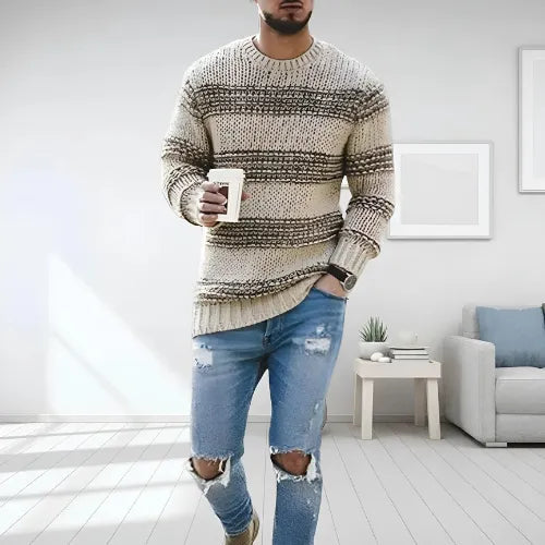 Levoire | Rennokas Pull à Manches Longues Rayures Prononcées Col Rond Beige