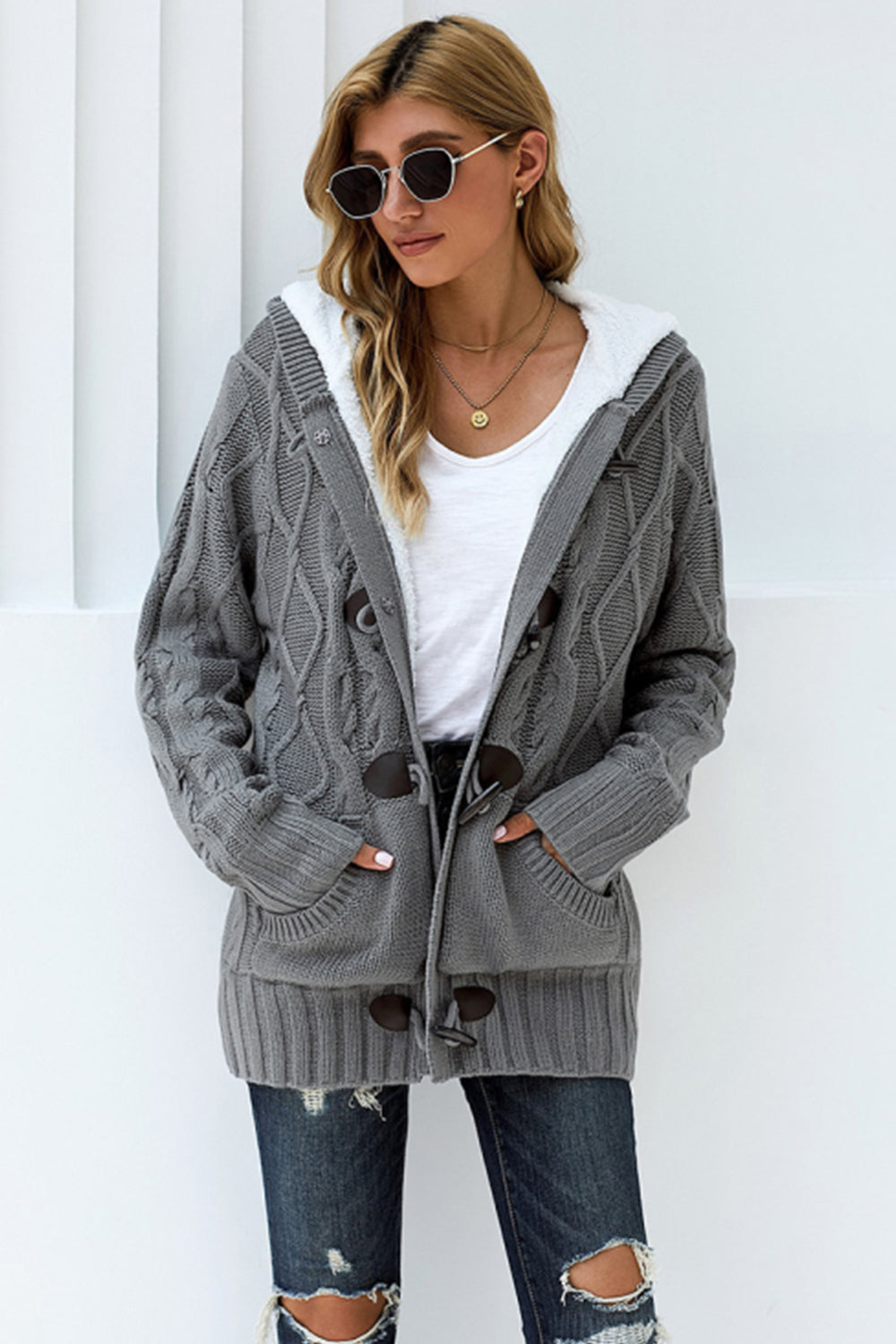 Levoire | Bouton avant Capuche Poche Pull Vêtements d'extérieur Cardigan Gris