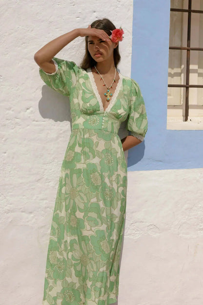 Levoire | Robe Midi Décontractée Et Élégante À Encolure En V Vert