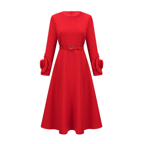 Levoire | Robe Rouge À Manches Longues Avec Décorations Florales