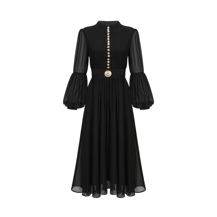 Levoire | Robe Midi Noire Plissée À Boutons Sur Le Devant