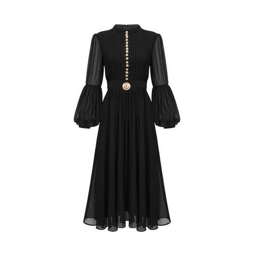Levoire | Robe Midi Noire Plissée À Boutons Sur Le Devant