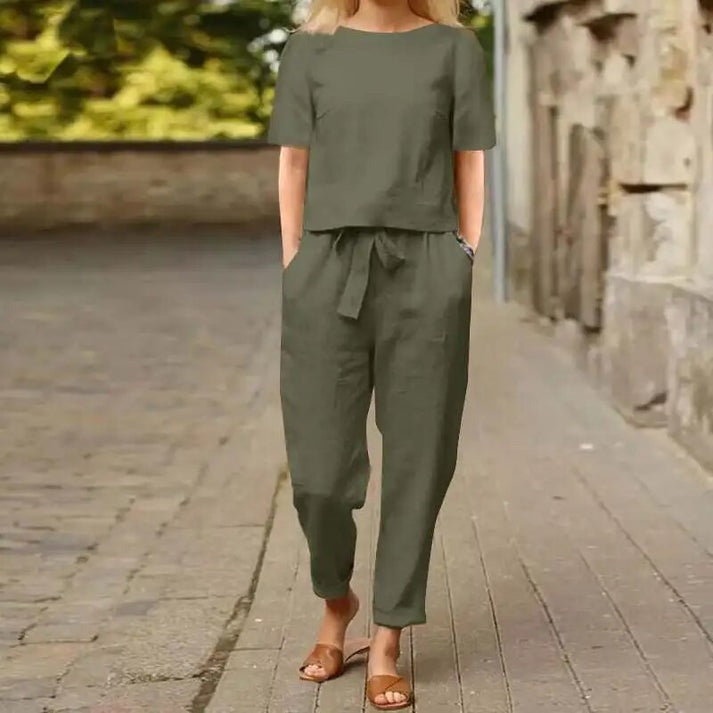 Levoire | Été Loisirs Deux Pièces Chemise À Manches Courtes & Shorts Taille Haute Vert