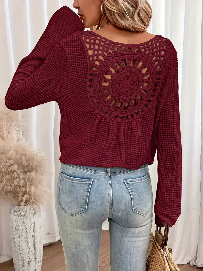 Levoire | Décontracté Crocheté Blouse Boho Femme Manches Longues Tops Rouge bourgogne