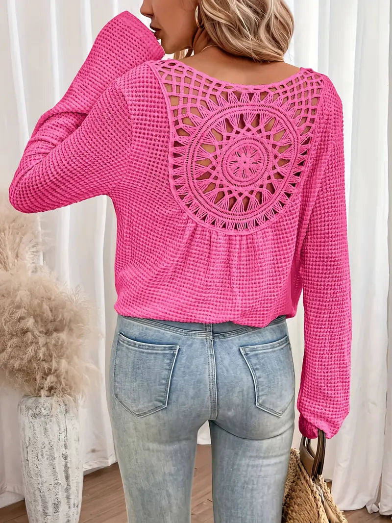 Levoire | Décontracté Crocheté Blouse Boho Femme Manches Longues Tops Rosa Rouge