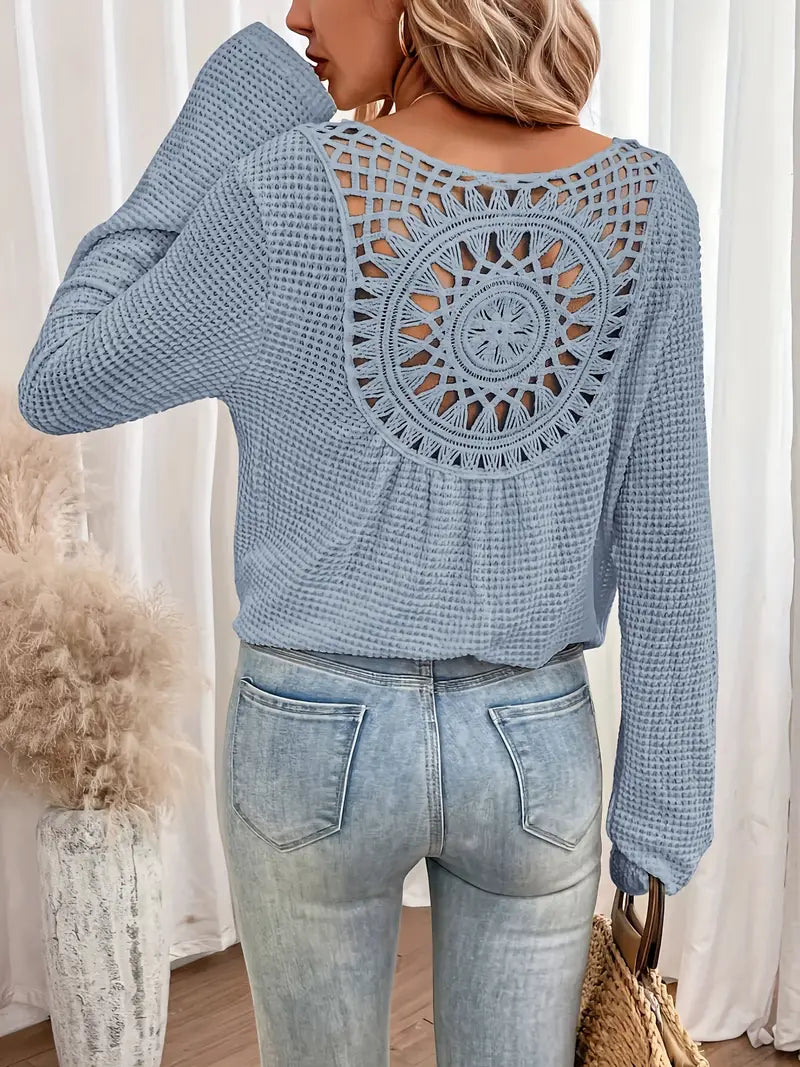Levoire | Décontracté Crocheté Blouse Boho Femme Manches Longues Tops Bleu ciel