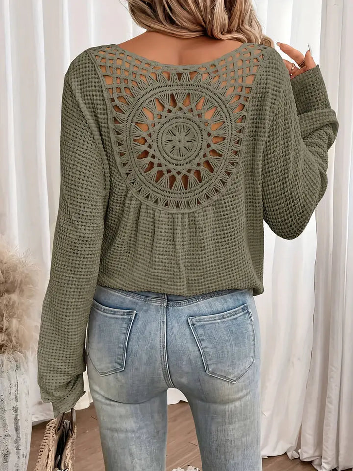 Levoire | Décontracté Crocheté Blouse Boho Femme Manches Longues Tops vert olive