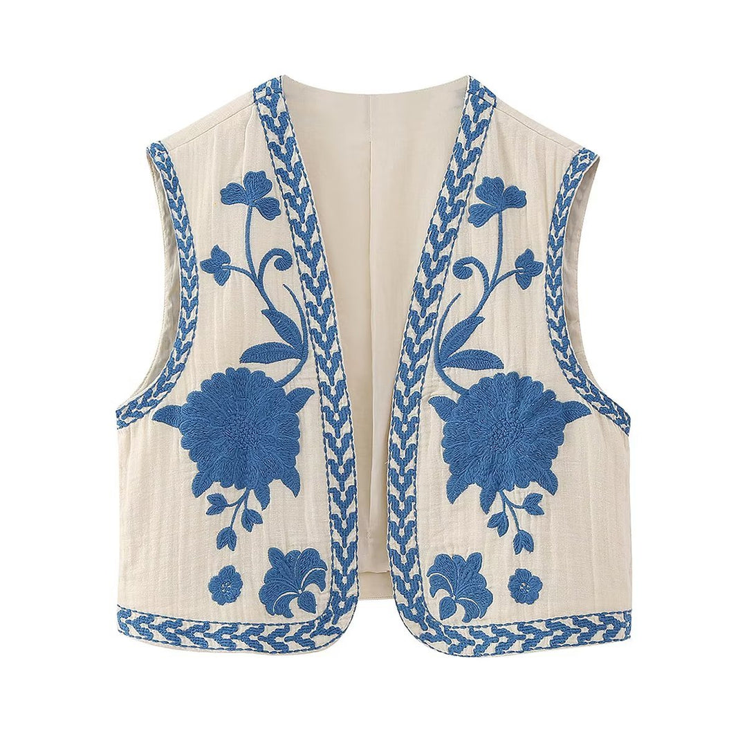 Levoire | Blumen Cropped Ouvert Devant Sans Manches Gilet Bleu