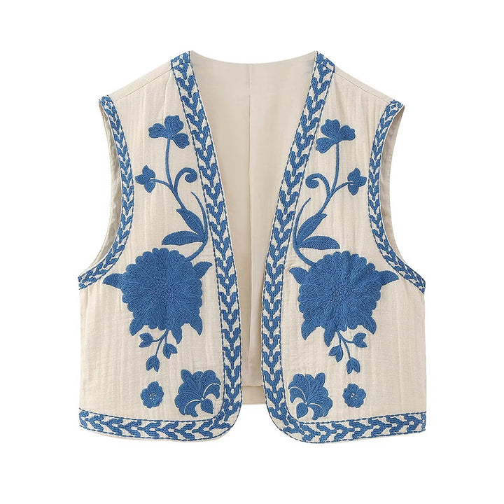 Levoire | Blumen Cropped Ouvert Devant Sans Manches Gilet Bleu