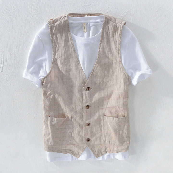 Levoire | Homme Gilet Look Lin Rayé Beige