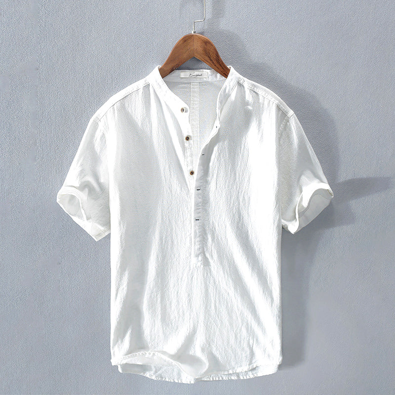 Levoire | Chemise En Lin Pour Hommes Avec Col Montant Blanc