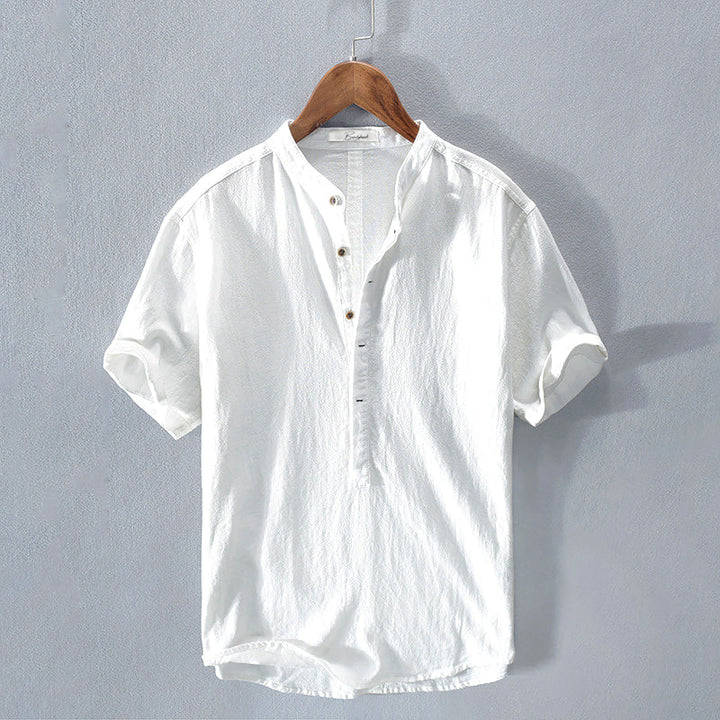 Levoire | Chemise En Lin Pour Hommes Avec Col Montant Blanc