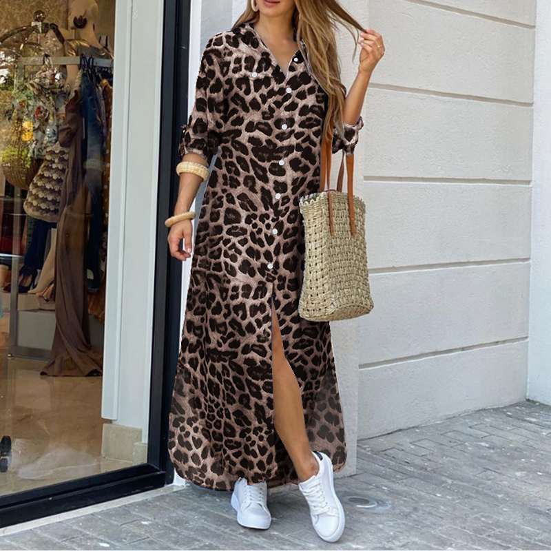 Levoire | Vintaged Leopard Maxi Robe Avec Manches Longues Khaki