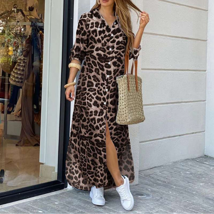 Levoire | Vintaged Leopard Maxi Robe Avec Manches Longues Khaki