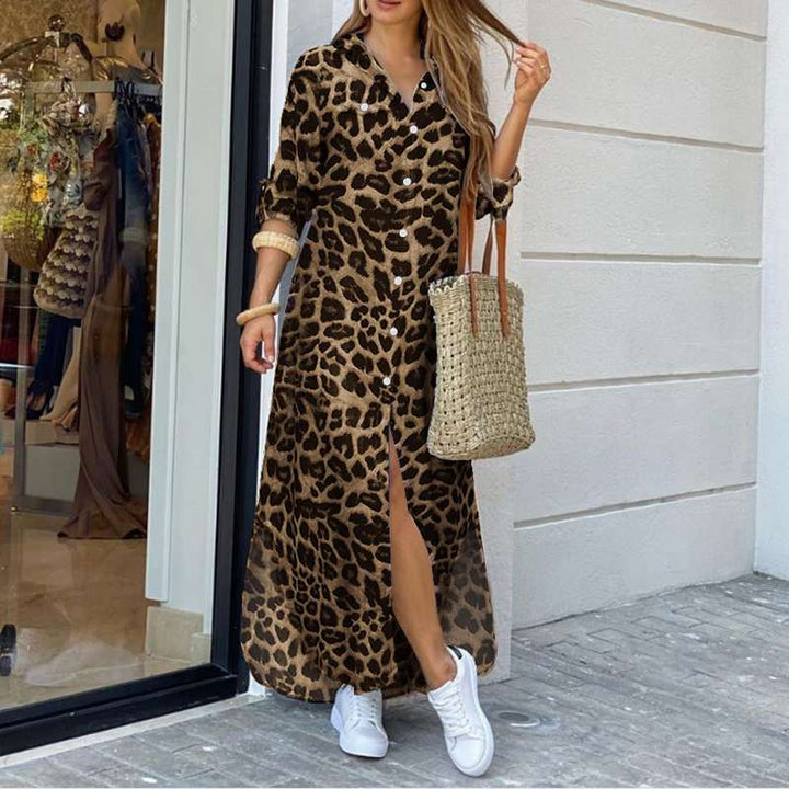 Levoire | Vintaged Leopard Maxi Robe Avec Manches Longues Café