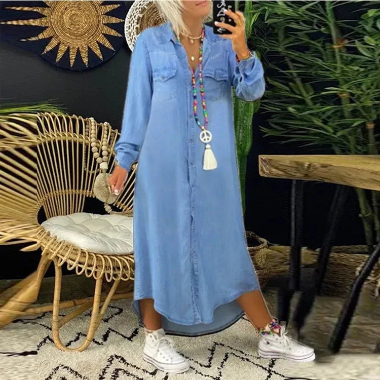 Levoire | Robe Chemise À Manches Longues Avec Fermeture À Boutons Maxi Dress Bleu