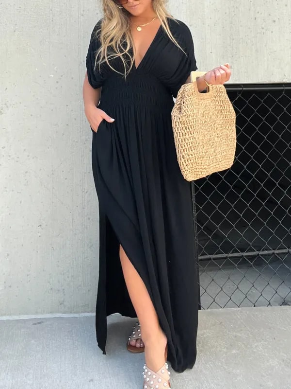 Levoire | Élégant Robe Maxi À Décolleté En V Pour Femmes Noir