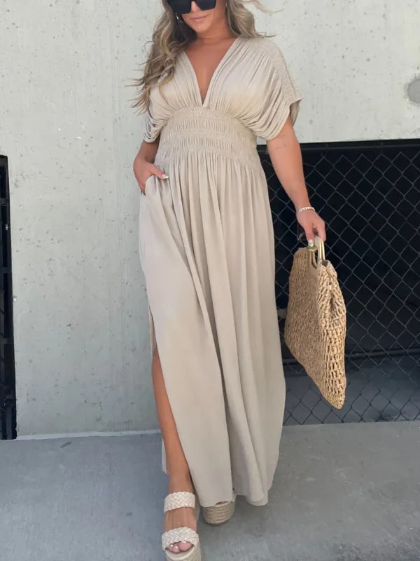 Levoire | Élégant Robe Maxi À Décolleté En V Pour Femmes Abricot