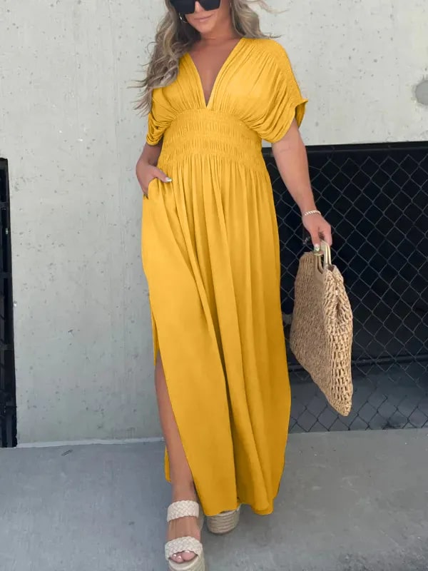 Levoire | Élégant Robe Maxi À Décolleté En V Pour Femmes Jaune