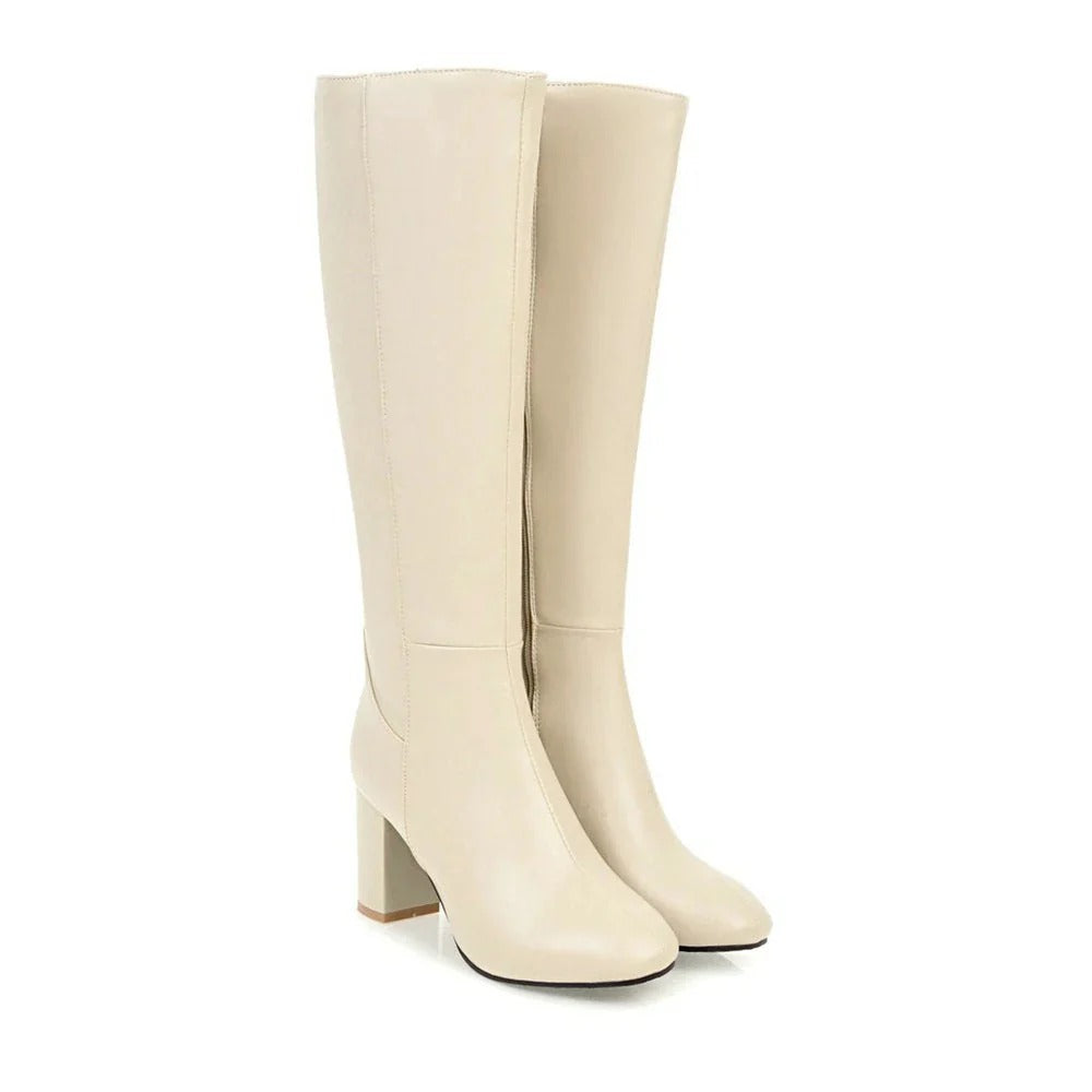 Levoire | Bottes À Talons Pour Femmes À Hauteur De Genou Avec Fermeture Éclair Beige
