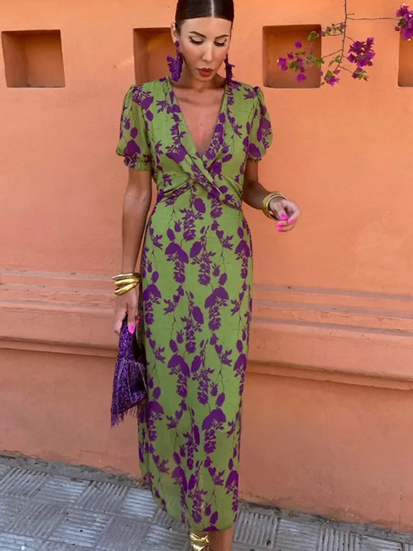 Levoire | Robe Midi Avec Imprimé Floral Et Décolleté En V Vert