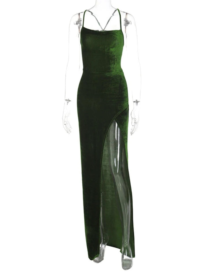 Levoire | Robe Maxi En Velours Vert Avec Cordon Au Dos