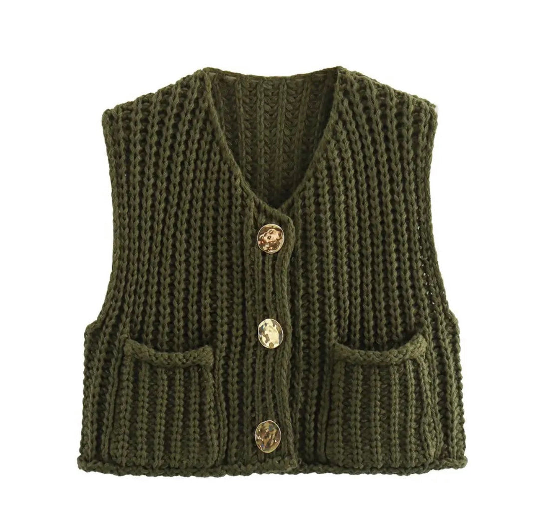 Levoire | Gilet En Maille Avec Poches Et Boutons Dorés Vert