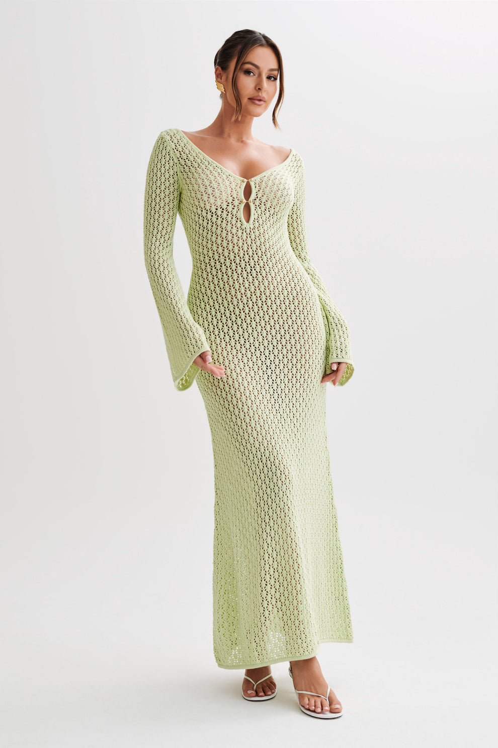 Levoire | Robe Maxi À Manches Cloche En Crochet Queue De Poisson Vert clair