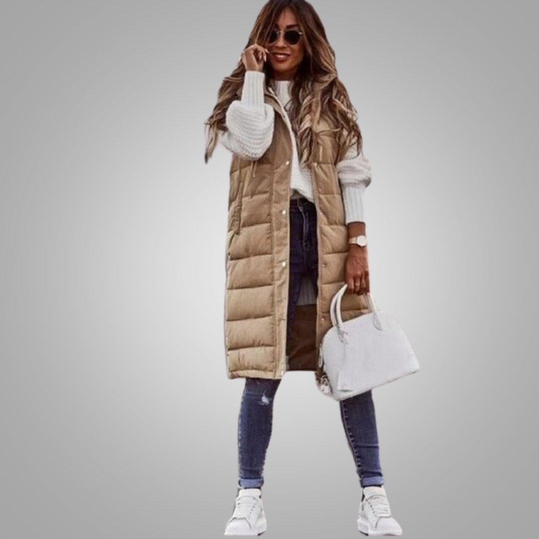 Levoire | Manteau Sans Manches Matelassé Long Avec Capuche Pour Femmes Khaki