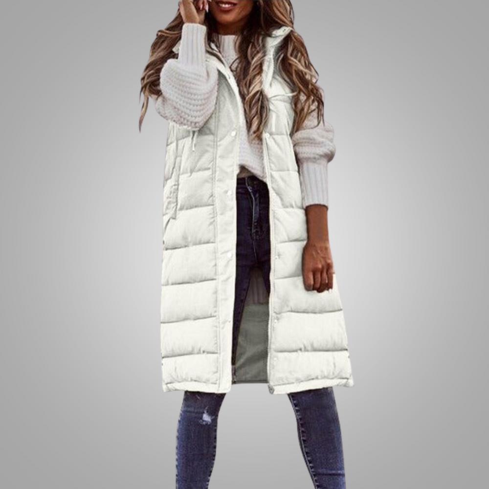 Levoire | Manteau Sans Manches Matelassé Long Avec Capuche Pour Femmes Blanc