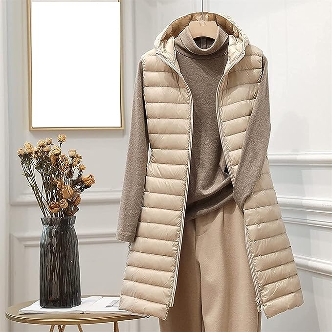Levoire | Chic Long Gilet With Hood For Women Khaki