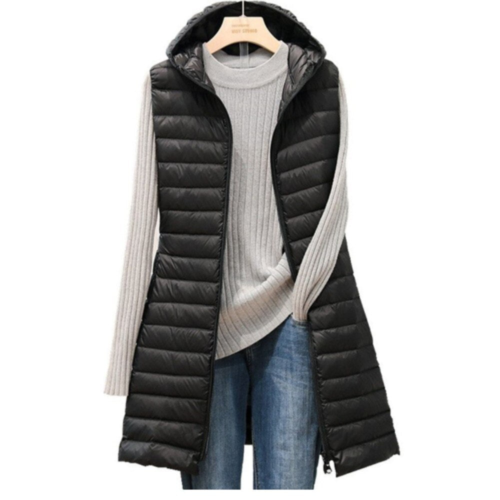 Levoire | Chic Long Gilet With Hood For Women Noir