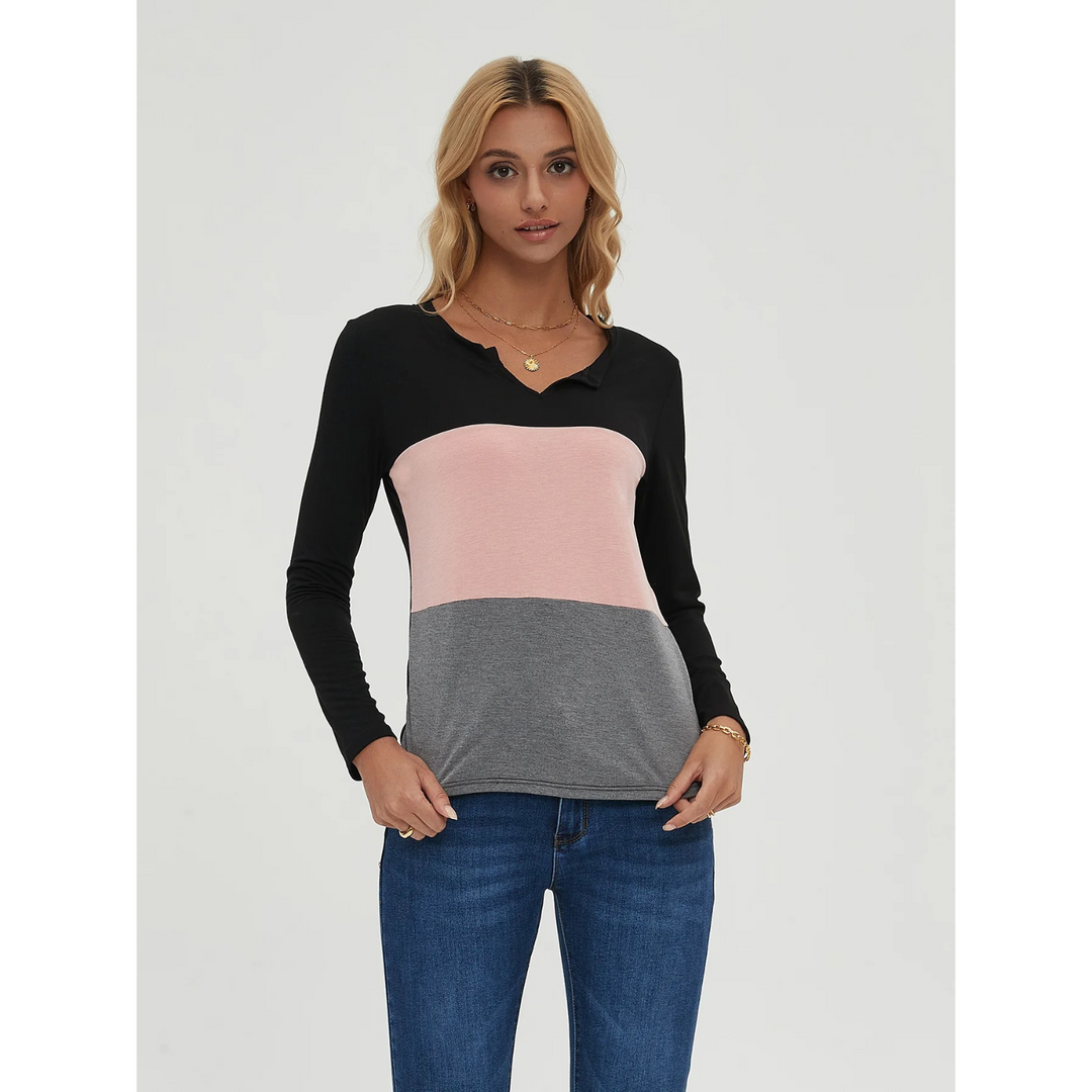Levoire | T-Shirt Léger À Patchwork Simple Pour Femmes Avec Manches Longues Rosa-noir