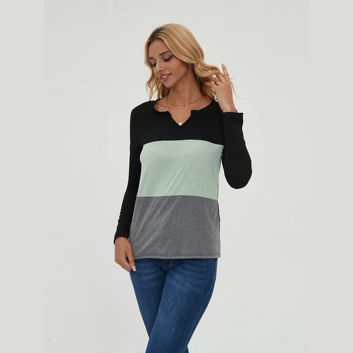 Levoire | T-Shirt Léger À Patchwork Simple Pour Femmes Avec Manches Longues Vert-noir