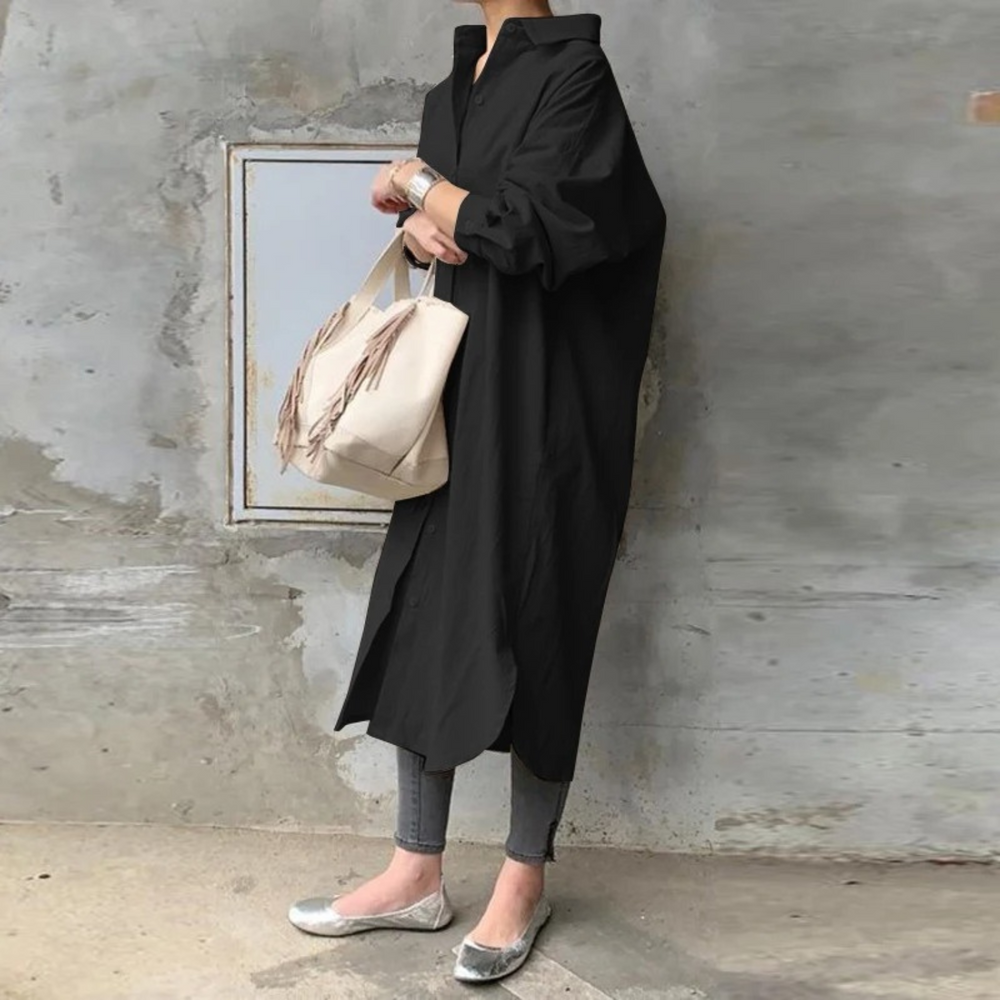 Levoire | Robe Blouse Longue Unie Avec Col Noir