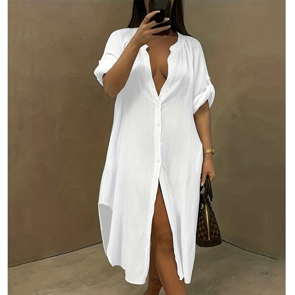 Levoire | Uni Couleur Blouse Robe Décontractée Mi-Longue Blanc