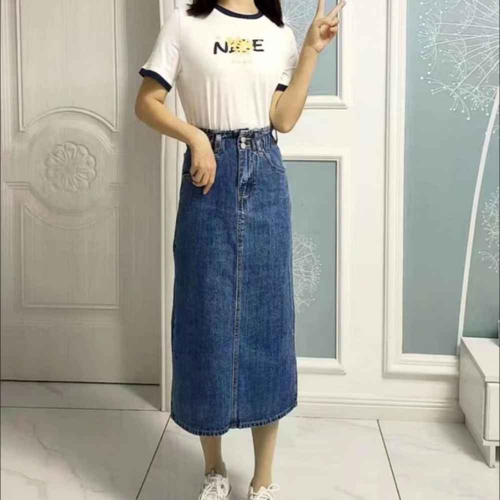 Levoire | Ceinture Élastique Bleu Noir Jupe En Jean Longue Bleu