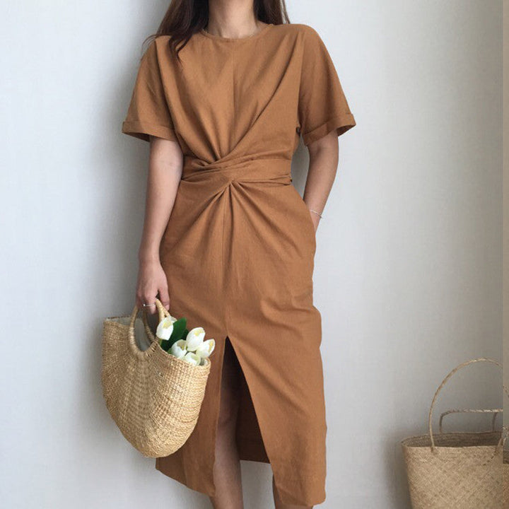Levoire | Tyylikäs Twist Vyötärö Edessä Halkiolla Midi Mekko Khaki Yksi koko