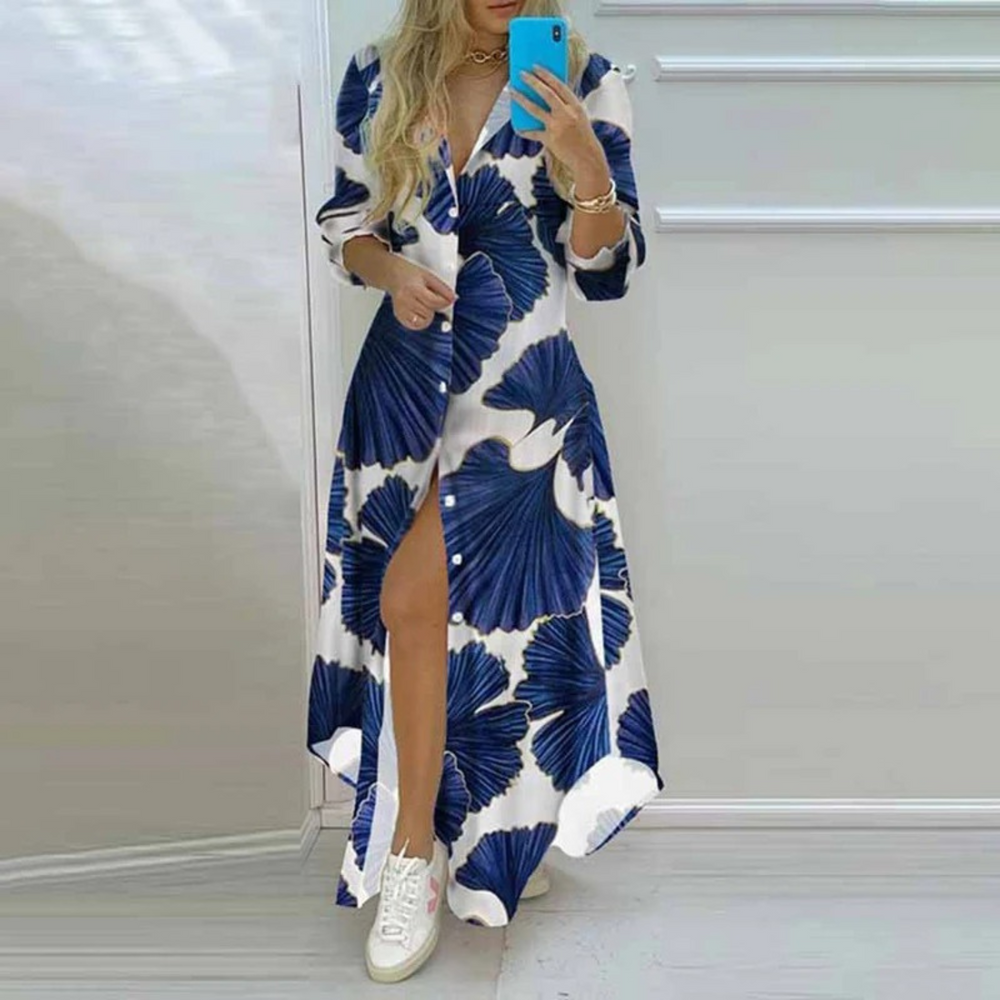 Levoire | Robe Chemise Élégante Imprimée Avec Polaire Bleu foncé-blanc