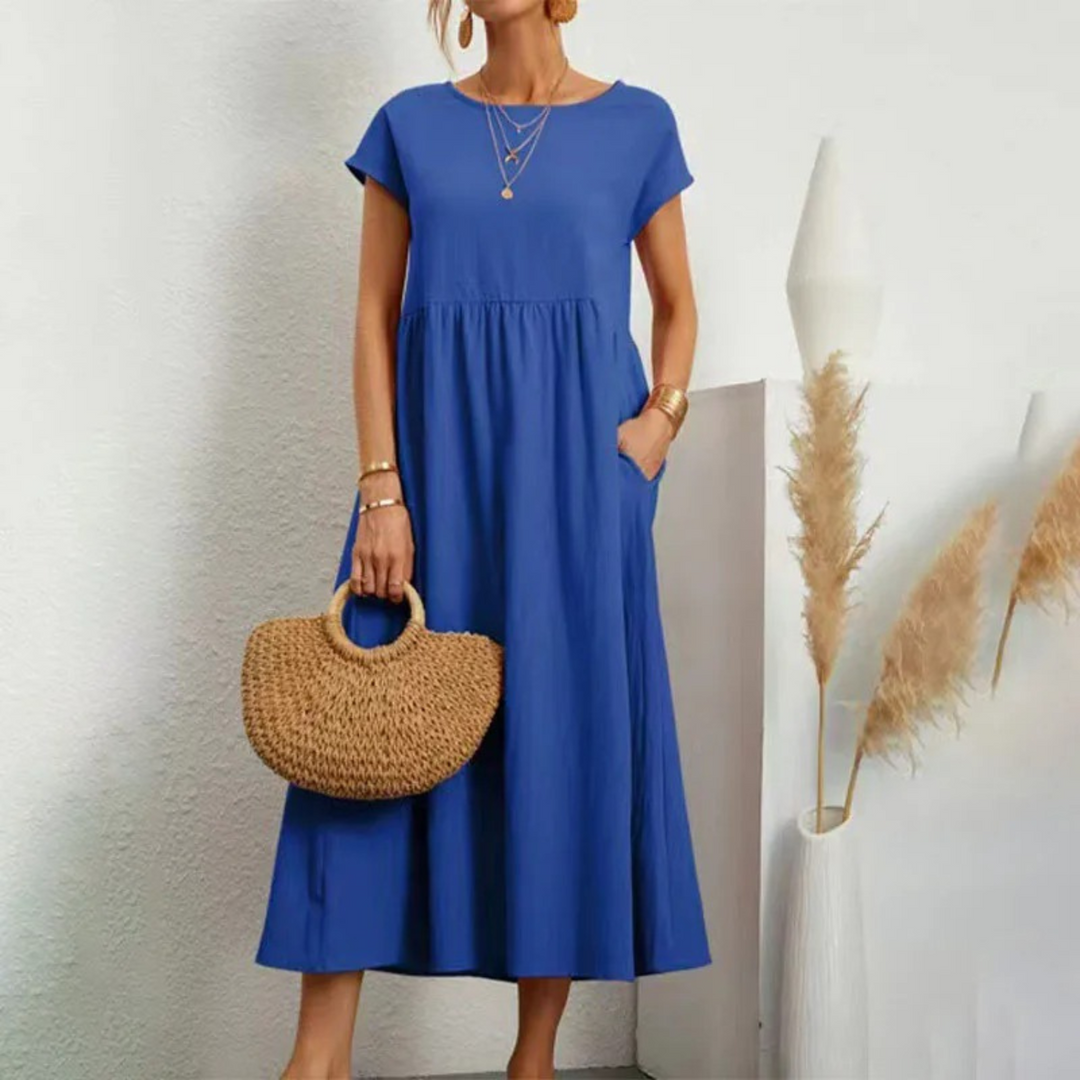 Levoire | Robe En Lin Élégante Et Confortable Avec Encolure O Bleu