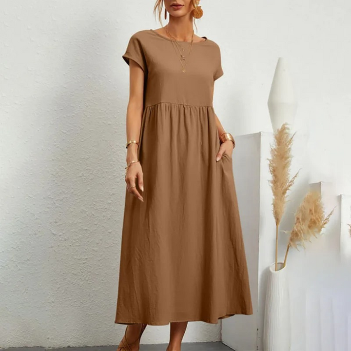 Levoire | Robe En Lin Élégante Et Confortable Avec Encolure O Brun clair