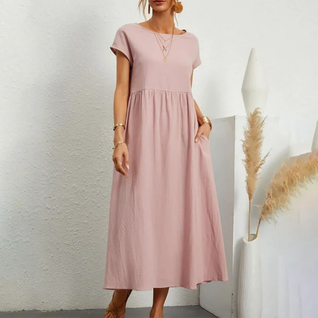 Levoire | Robe En Lin Élégante Et Confortable Avec Encolure O Rose clair